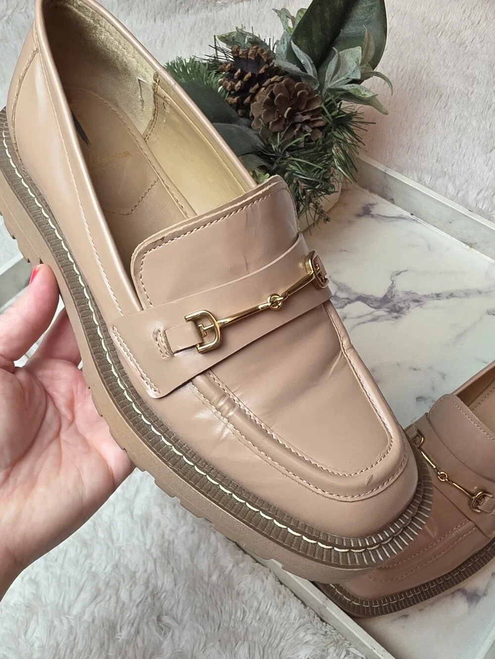 SAM EDELMAN Laurs Lug Sole Loafer In Tan Horsebit Chunky Preppy Academia Size 8